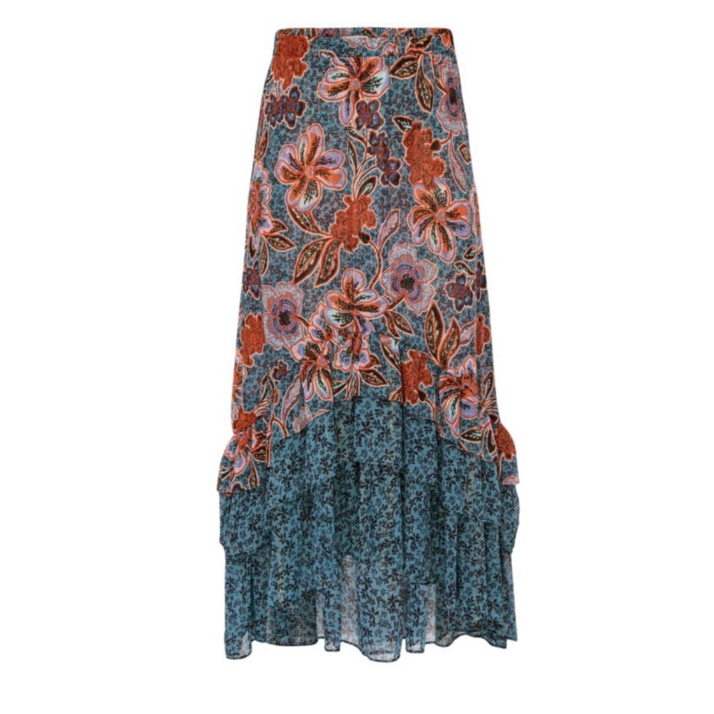 NWT MISA‎ Los Angeles Esti Floral High-Low Midi Skirt Ruffle Trim Cerulean Sz XS